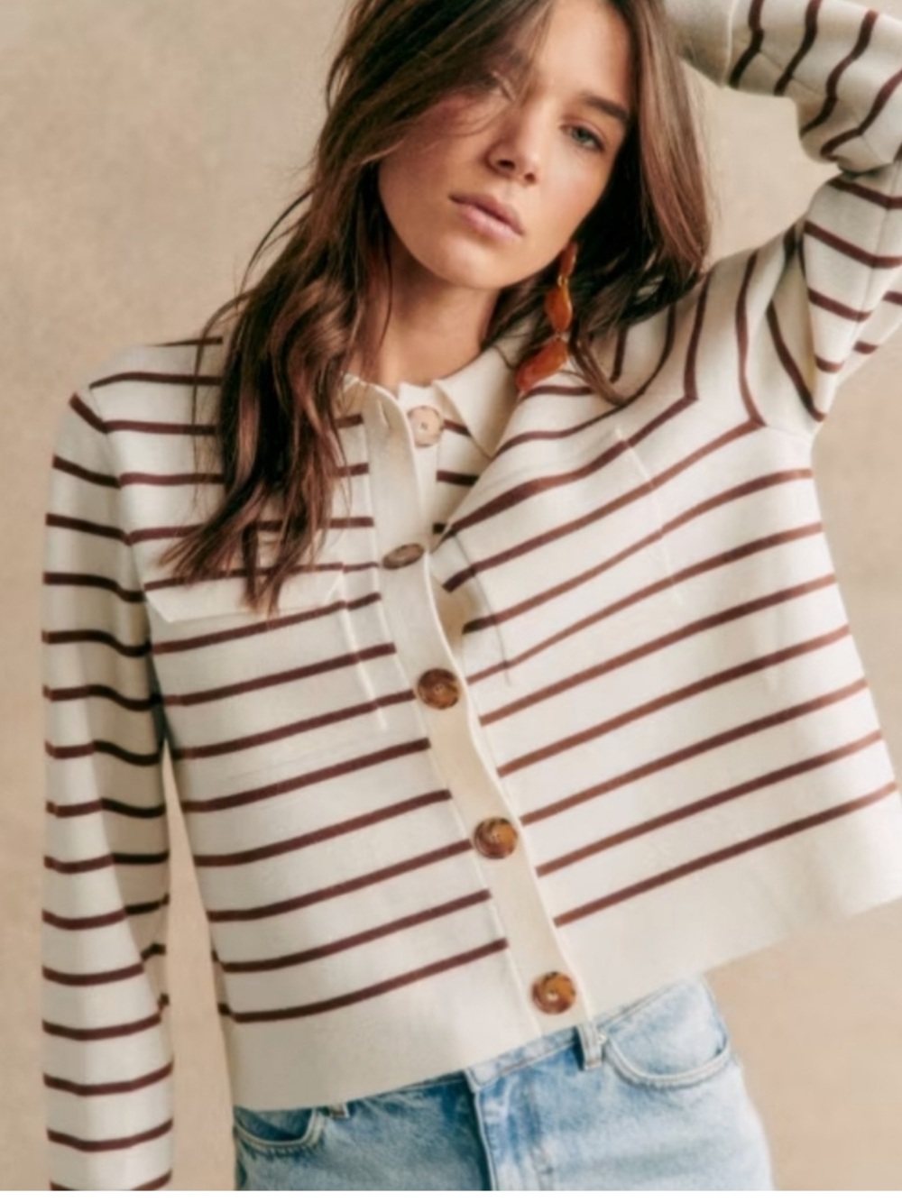 Sezane Betty Cardigan Navy Ecru Striped French Wool Causal Classic